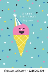 Cute Happy Birthday ice cream card. Vector illustration.