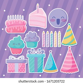 cute happy birthday icon set over purple background, colorful design, vector illustration