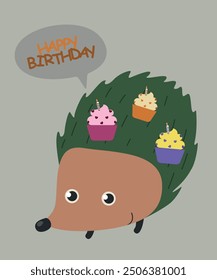 Cute Happy Birthday Illustration with Hedgehog at Cupcakes