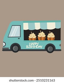 Cute Happy Birthday Illustration with Shop Truck and Cupcake