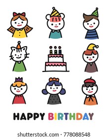 Cute Happy Birthday Line Chracter Vector Illustration Flat Design