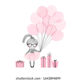 Cute happy birthday nerdy girl in pink ballerina skirt with a bunch of pink balloons, gift bow. Vector doodle illustration in candy pink palette for girly design like textile apparel print, wall art,