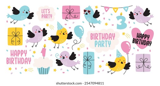 Bonito feliz aniversário aves personagens celebrando aniversário crianças ou bebê chuveiro mão desenhado design. Engraçado mascote de passarinho, caixa presente, atributos festivos colorido doodle vetor ilustração