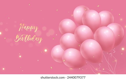 Cute Happy Birthday party celebration card banner template with pink balloons