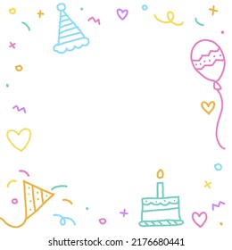 Cute Happy Birthday Party Confetti Colorful Pink Blue Green Orange Purple Violet Yellow Doodle Rainbow Color White Background Border Frame Invitation Card Square Icon Vector Illustration