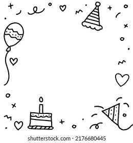 Cute Happy Birthday Party Confetti Black and White BW Doodle Background Border Frame Invitation Card Square Icon Vector Illustration