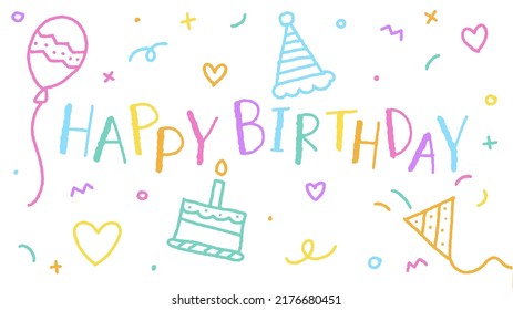 Cute Happy Birthday Party Confetti Colorful Pink Blue Green Orange Purple Violet Yellow Doodle Rainbow Color White Background Border Frame Invitation Card Rectangle Icon Vector Illustration