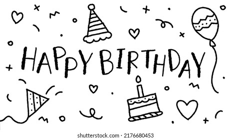 Cute Happy Birthday Party Confetti Black and White Doodle Background Border Frame Invitation Card Rectangle Icon Vector Illustration