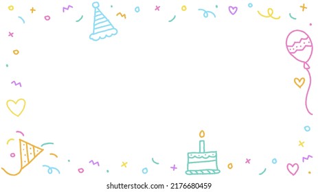 Cute Happy Birthday Party Confetti Colorful Pink Blue Green Orange Purple Violet Yellow Doodle Rainbow Color White Background Border Frame Invitation Card Rectangle Icon Vector Illustration