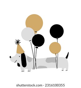 Cute happy birthday party dachshund dog with balloons flying cartoon character doodle in minimalist scandinavian nordic style.