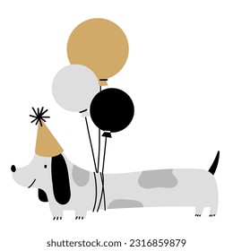 Cute happy birthday party dachshund dog with balloons flying cartoon character doodle in minimalist scandinavian nordic style.