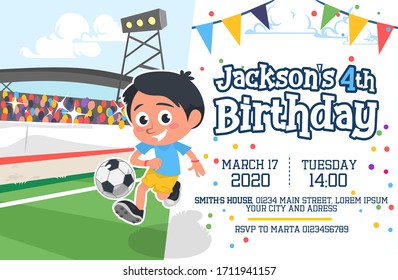 Cute happy birthday party invitation card vector illustration. Little cheerful boy kicking ball with fans behind cartoon design. Information about place and time of celebration