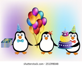 cute happy birthday penguins concept with present, cake and balloons illustration