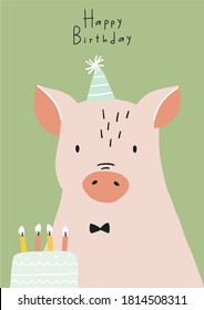 Cute Happy Birthday Poster With Portrait Farm Animal - Pig In Flat Style For Children's Room Decor