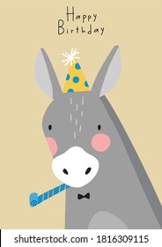 Cute Happy Birthday poster with portrait farm animal - donkey in flat style for children's room decor