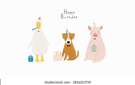 Cute Happy Birthday poster with portrait farm animal - goose, dog, pig in flat style for children's room decor