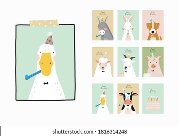 Cute Happy Birthday Poster With Portrait Farm Animal - Donkey, Hare, Dog, Goose, Sheep, Goat, Pig, Cow In Flat Style For Children's Room Decor
