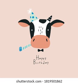 Cute Happy Birthday poster with portrait farm animal - cow in flat style for children's room decor