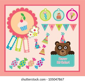cute happy birthday scrap set. vector illustration