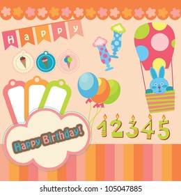 cute happy birthday scrap set. vector illustration