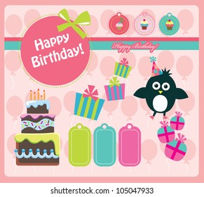 cute happy birthday scrap set. vector illustration
