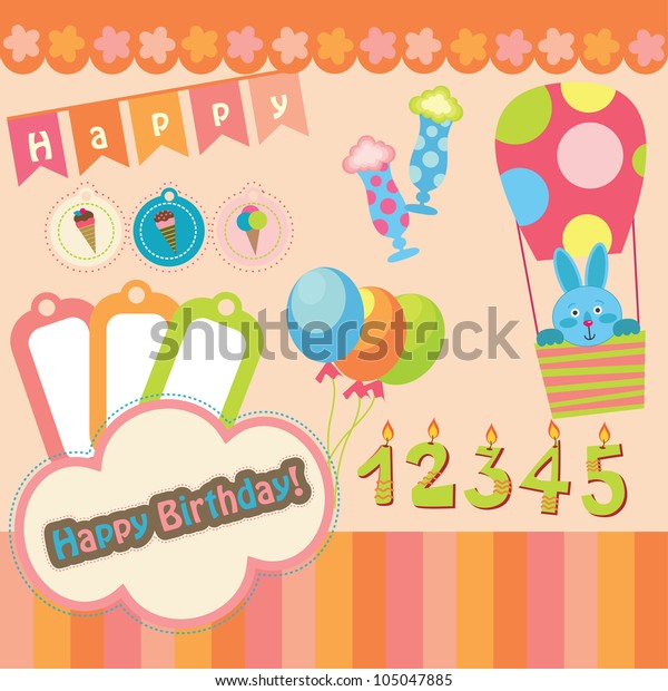 Cute Happy Birthday Scrap Set Vector のベクター画像素材 ロイヤリティフリー