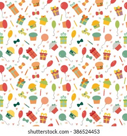 Cute Happy Birthday seamless pattern with colorful party elements. Party background for your design. Vector illustration