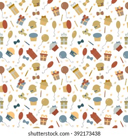 Cute Happy Birthday seamless pattern with colorful party elements. Funny background for your design. Vector illustration
