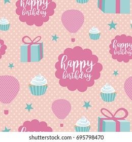 Cute Happy Birthday seamless pattern. Vector illustration