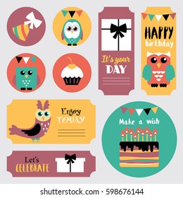 Cute Happy Birthday stickers set. Vector.