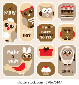 Cute Happy Birthday stickers set. Vector.