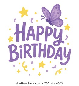 cute happy birthday text vector template with butterfly