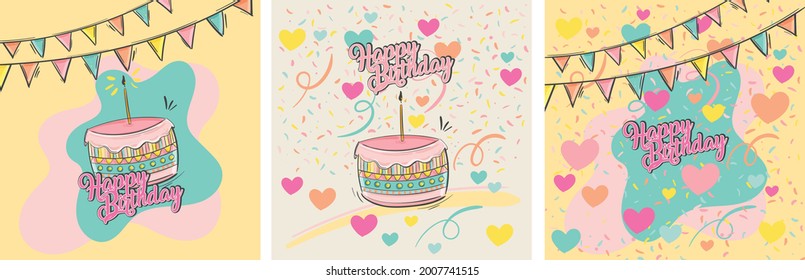 Cute Happy Birthday Vector illustration. Pastel colors. Line drawing. Birthday Cake and  text.