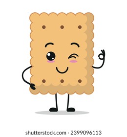 Cute happy biscuit character. Funny smiling and wink cookie cartoon emoticon in flat style. closet vector illustration