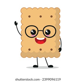 Cute fröhliche Kekse Charakter tragen Brille. Lächeln und grüßen Cookie Cartoon Emoticon in flachem Stil. Schrank-Vektorgrafik