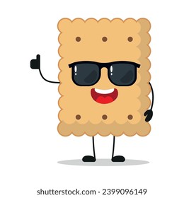 Cute happy biscuit character wear sunglasses. Funny cookie greet friend cartoon emoticon in flat style. closet vector illustration