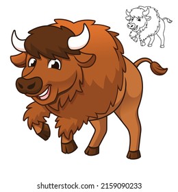 Cute Happy Bison Jumping with Black and White Line Art Drawing, Mammals, Vector Character Illustration, Outline Cartoon Mascot Logo in Isolated White Background.