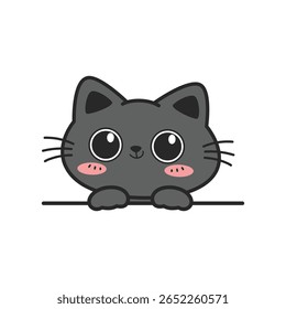 Cute happy black cat with big eye cartoon hand-drawn style peeking, Kawaii smiling cat doodle