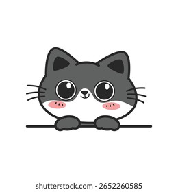 Cute happy black cat with big eye cartoon hand-drawn style peeking, Kawaii smiling cat doodle