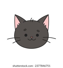 Cute happy black cat head. Cat in kawaii style. Cartoon cat character. Cat face, muzzle. Doodle style. Hand drawn character. Animal head illustration. Vector illustration.