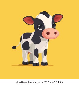 Cute Happy Black Spotted Cow Isolated on colorful background. Flat Cartoon Style