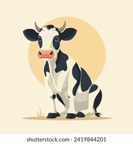 Cute Happy Black Spotted Cow Isolated on colorful background. Flat Cartoon Style