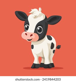 Cute Happy Black Spotted Cow Isolated on colorful background. Flat Cartoon Style