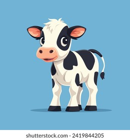 Cute Happy Black Spotted Cow Isolated on colorful background. Flat Cartoon Style