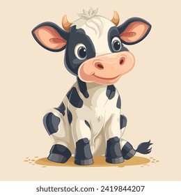 Cute Happy Black Spotted Cow Isolated on colorful background. Flat Cartoon Style