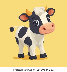 Cute Happy Black Spotted Cow Isolated on colorful background. Flat Cartoon Style