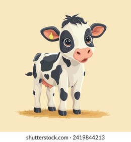 Cute Happy Black Spoted Cow Aislado en un fondo colorido. Estilo de dibujo plano