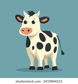 Cute Happy Black Spotted Cow Isolated on colorful background. Flat Cartoon Style