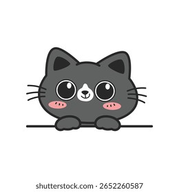 Cute happy black tuxedo cat with big eye cartoon hand-drawn style peeking, Kawaii smiling cat doodle