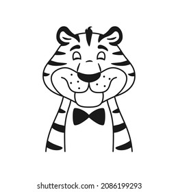 Cute happy black and white outline tiger portrait isolated on white background. Line adorable smiling character face. Coloring page for children. Comic striped wild cat. Sketch vector illustration.